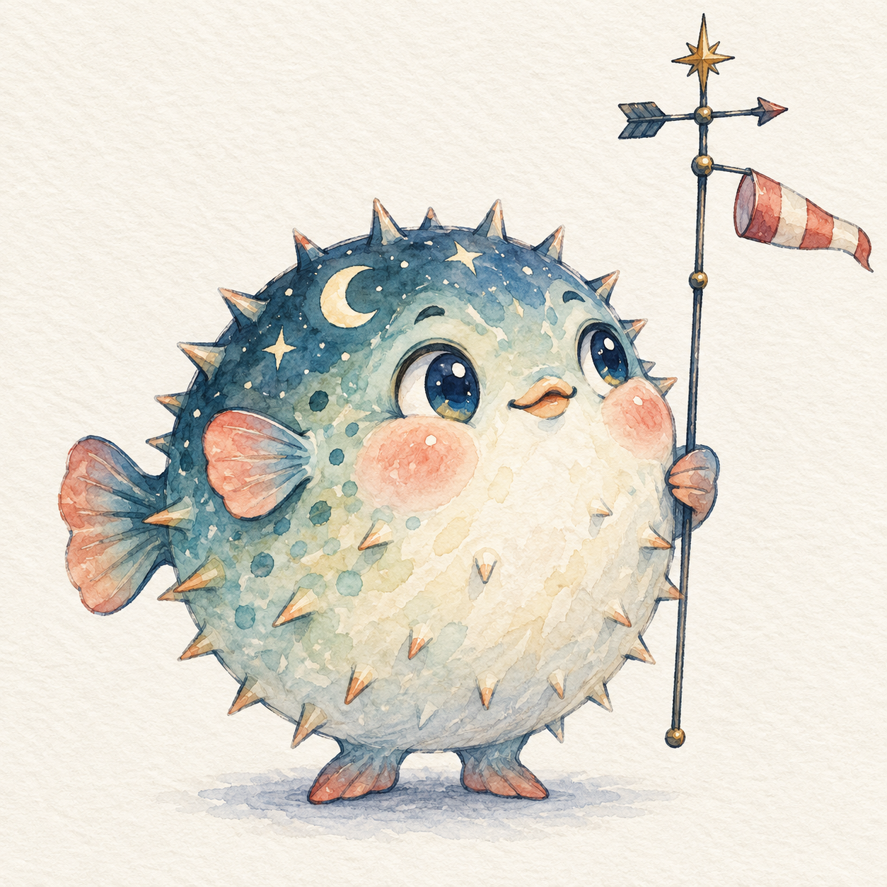 Watercolor pufferfish weather observer holding a slender wind vane